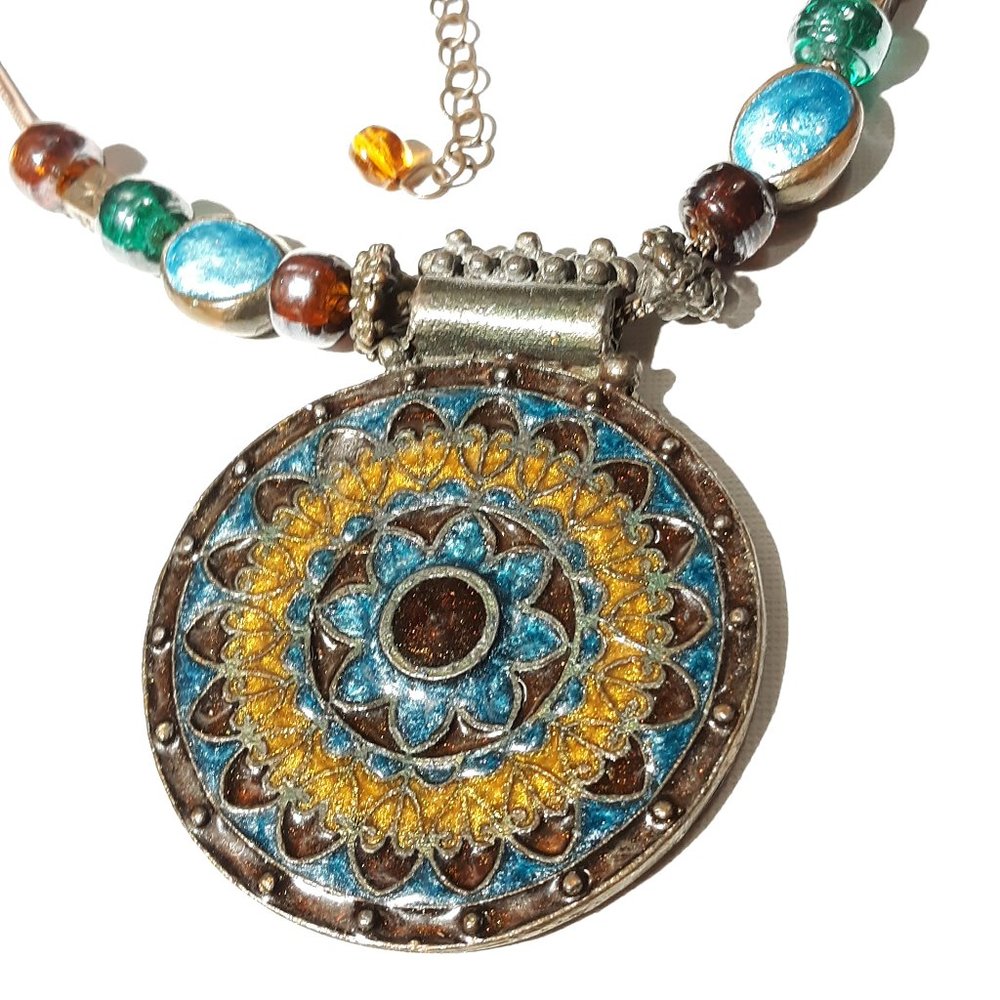 Copper Medallion Necklace Enamel Glass Beads
